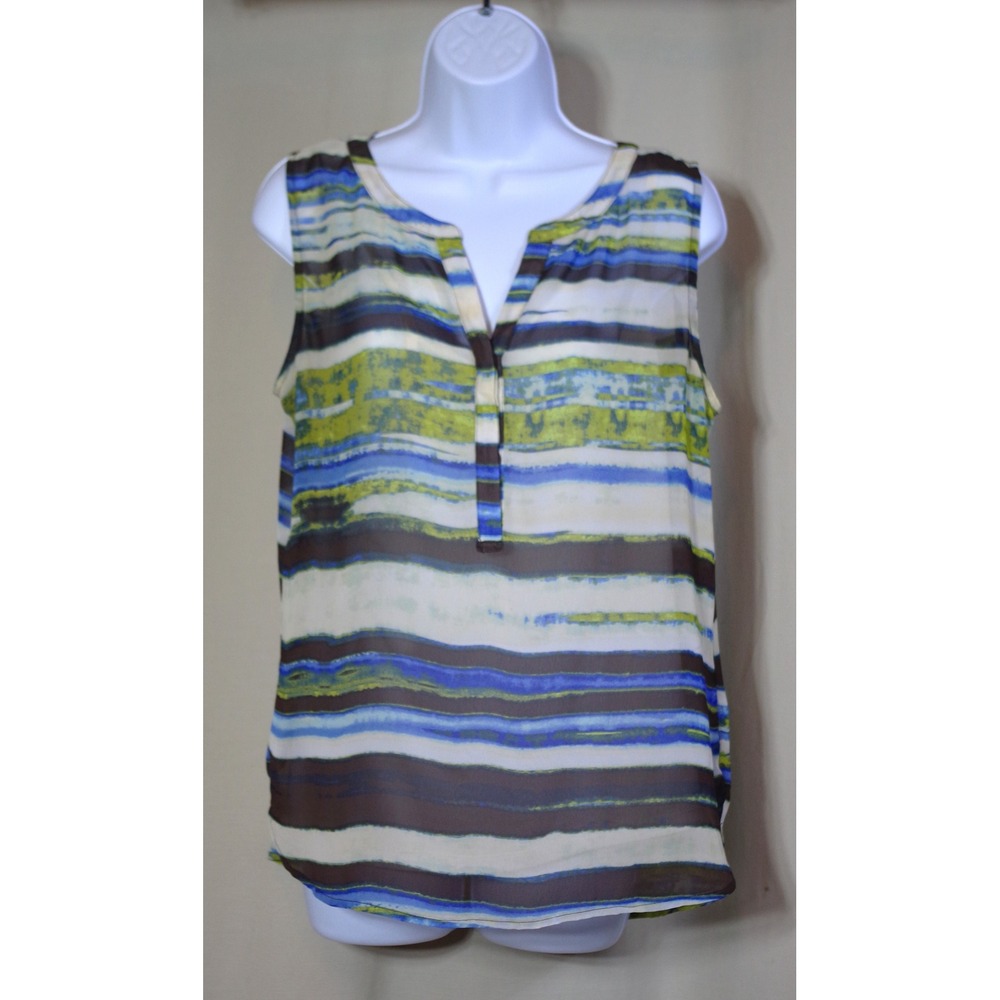Liz Claiborne Women's Medium Blue Green Striped Sleeveless Chiffon Blouse Top